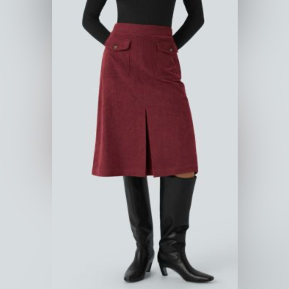 HALARA Corduroy Midi Skirt in Burgundy with Front Pleat